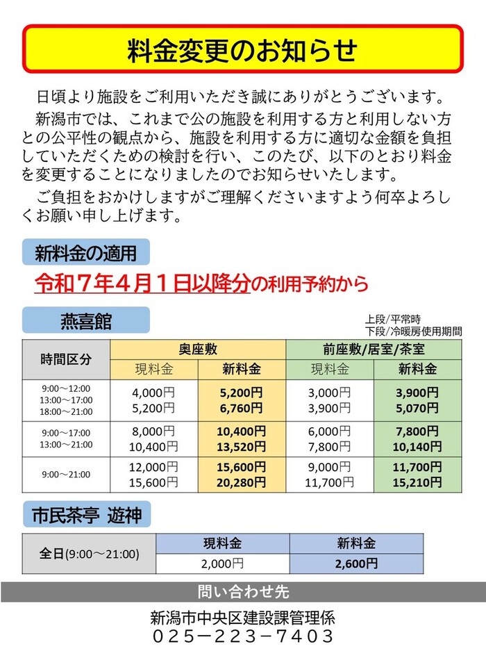 燕喜館　貸室料金改定