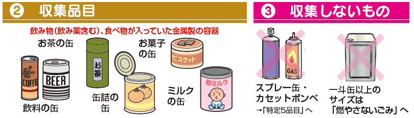 収集品目：飲料の缶、お茶の缶、缶詰の缶、お菓子の缶、ミルクの缶など（スプレー缶・カセットボンベは除く）