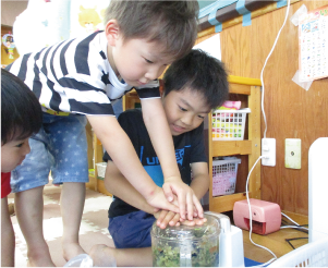 にししろね保育園の子どもたちがミキサーで野菜くずを細かくしている写真