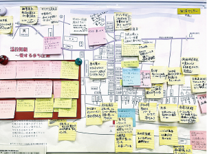 地域での「思い出話」を書いた付箋をその現場となった場所に貼り付けた庄瀬地区の地図の写真