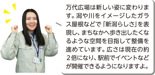 万代広場は新しい姿に変わります。潟や川をイメージしたガラス屋根などで「新潟らしさ」を表現し、まちなかへ歩き出したくなるような空間を目指して整備を進めています。広さは現在の約2倍になり、駅前でイベントなどが開催できるようになりますよ。